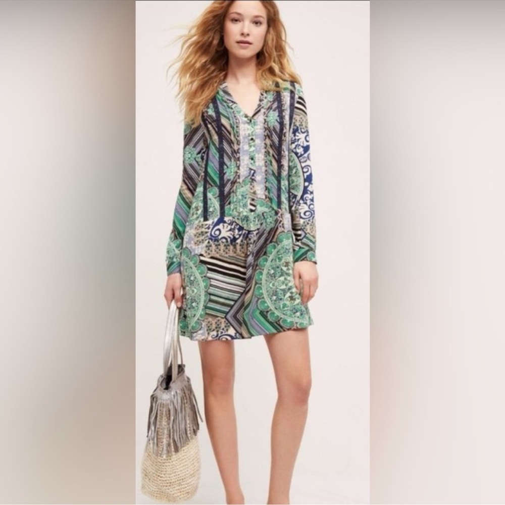 Tiny Split Neck Drop Waist Patchwork Dress Small - image 1